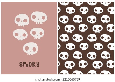 Cute Halloween Vector Illustration with White Little Skulls on a Dusty Pink Background. Hand Drawn Halloween Card with Funny Team of Skulls and Handwritten "Spooky". Creepy Seamless Vector Pattern.