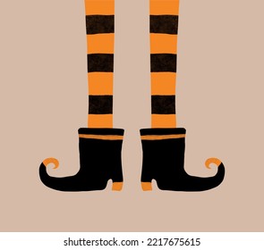 Cute Halloween Vector Illustration with Witch Legs in Striped Black-Orange Stockings and Black Boots on a Light Brown Background. Hand Drawn Halloween Card. Girls's Sabbath Party Print. Little Witch.