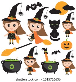 Cute halloween vector with little witch, black cat, pumpkin, bat and other halloween graphic 
