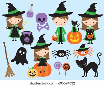 Cute halloween vector with little witch and wizard, black cat, spider, ghost, pumpkin, bat, skull, and other halloween graphic elements.