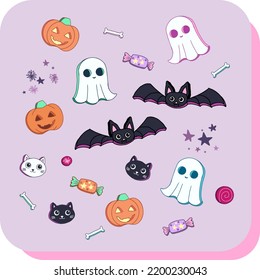 Cute Halloween vector pack inspired by sweet cookies. Original vector illustrations in cartoon retro style perfect for gifts, kids products, fabric, packaging or any holiday products. Trick or treat!