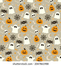 Cute Halloween vector pattern. Hand-drawn seamless design for backgrounds, textile and wrapping paper