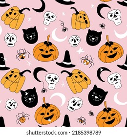 cute Halloween vector pattern with pumpkins, skulls, spiders on a pink background