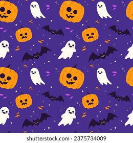 Cute Halloween vector pattern with purple and orange colors. Halloween seamless pattern with pumpkins, bats, candy, star, ghost. Purple background