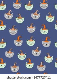 Cute Halloween Vector Pattern with Wicht Cat. Funny Kittens in the Orange Witch Hats Isolated on a Dark Blue Background. Lovely Halloween Print for Fabric, Wrapping Paper, Card, Party Decoration.