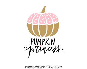 Cute Halloween vector pink pumpkin illustration. Cartoon autumn symbol isolated on white background. October 31. Pumpkin princess lettering quote.