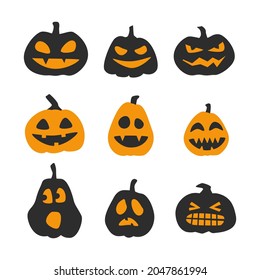 Cute Halloween vector pumpkin icon set. Funny hand-drawn jack-o-lantern characters
