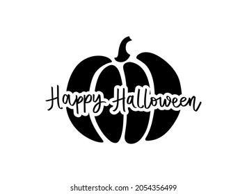 Cute Halloween vector pumpkin illustration. Cartoon autumn symbol isolated on white background. Happy Halloween Hand drawn lettering phrase.