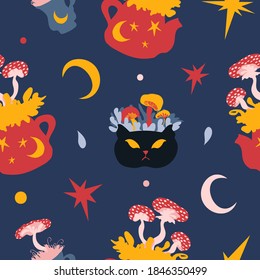 Cute Halloween vector seamless pattern with mushrooms in teapots and cups with moon and stars on dark blue background