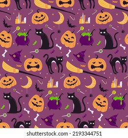 Cute Halloween vector seamless pattern. Pumpkins with different faces, black cat, witch's potion and broom, bat, sweets and candies. Ideal for wrapping paper, fabrics, printing and postcards