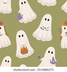 Cute Halloween vector seamless pattern. Happy countryside vintage ghosts with pumpkins in basket, watering can, tea cup and cookies on muted green background. Whimsical friendly spooky characters