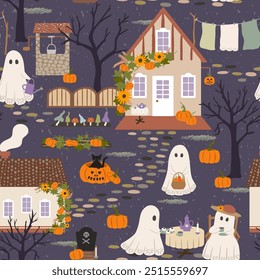 Cute Halloween vector seamless pattern. Hand drawn countryside ghosts, autumn houses, pumpkins, spooky trees, toadstool mushrooms on purple background. Spooky night celebration scene repeat design