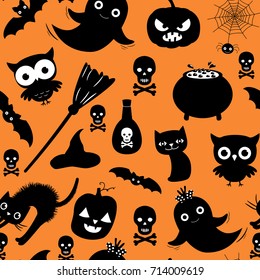 Cute Halloween vector seamless pattern with ghosts, cats and pumpkins on orange background color for scrapbooking and invitations