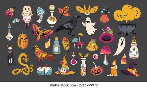 Cute Halloween vector set elements with ghosts, bat, pumpkins, candles, magic bottle, crow, snake, witch hat and mushroom. Flat illustration sticker isolated on black background 