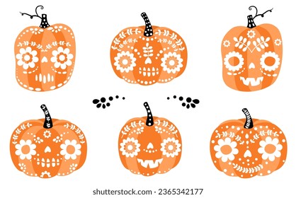 Cute Halloween vector set with funny carved pumpkins with faces with different expressions, Dia de los Muertos graphic design elements and decor