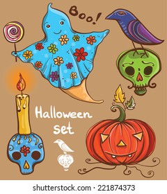 Cute halloween vector set with ghost, raven, pumpkin, skull, candle. eps 10