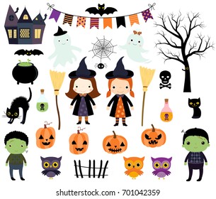Cute Halloween vector set with kids in costumes , animals and design elements for invitations, greeting cards and scrapbooking
