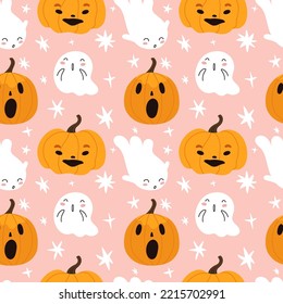 Cute Halloween vector set pattern with cartoon ghosts, pumpkins and more funny elements. Hand drawn Halloween elements on pink background. Vector illustration