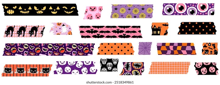 Cute Halloween Vector Washi Tape, Pink, Orange and Black Masking Tape Illustration with Pumpkins, Cats, Skulls, Spiders, Monster Mouths and Eyes for Scrapbook, Wrapping and Interior Design