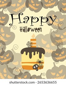 Tarjeta linda de la Vertical de Halloween con la torta y las calabazas. Ilustración vectorial dibujada a mano en estilo plano.