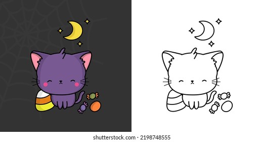 Cute Halloween Violet Cat Clipart for Coloring Page and Illustration. Happy Clip Art Halloween Cat. Cute Vector Illustration of a Kawaii Halloween Animal with Sweets.
