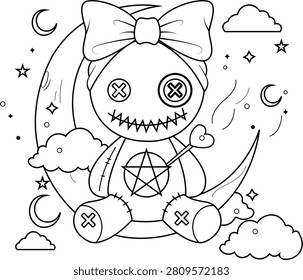 Cute Halloween voodoo doll coloring page of a kawaii stitched doll with button eyes, bow, pentagram design, heart wand, crescent moon, stars and fluffy clouds. Simple black and white outline illustration perfect for printable coloring books, Halloween activities, classroom worksheets and homeschooling projects.