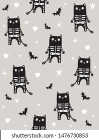 Cute Halloween Wallpaper. Funny Halloween Vector Pattern with Skeleton Cats and Flying Bats. Cat in Skeleton Costume Isolated on a Gray Background.Night Sky with White Stars. Halloween Vector Print. 