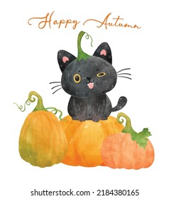 cute Halloween watercolor funny black kitten cat sits on orange pumpkin, Happy Autumn, watercolor vector isolated on white background