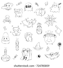 Cute halloween white and black doodle set
