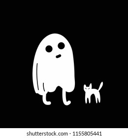 Cute Halloween White Ghost and Cat on Black Background