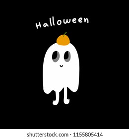 Cute Halloween White Ghost with Pumpkin Hat on Black Background