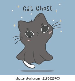 cute Halloween white kitten cat in ghost black cat costume, cat ghost, doodle animal hand drawn vector