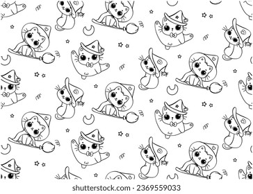 Cute Halloween witch Black Cat Cartoon Outline Pattern, perfect for adding a touch of spooky charm to projects. This seamless design, isolated on a white background