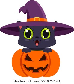 Personaje De Dibujos Animados Lindo Gato Negro Bruja De Halloween En Calabaza. Diseño Plano De Ilustración vectorial Aislado Sobre Fondo Transparente