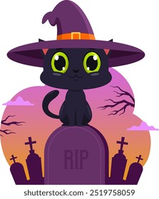 Nette Halloween Hexe schwarze Katze Cartoon Charakter sitzt auf Grabstein in einem Friedhof. Vektorgrafik, flaches Design einzeln auf transparentem Hintergrund