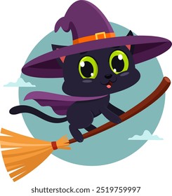 Cute Halloween Witch Black Cat Cartoon Character Flying On A Broom Stick. Vector Illustration Flat Design Isolated On Transparent Background