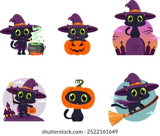 Cute Halloween Witch Black Cat Cartoon Character. Vector Flat Design Collection Set Isolated On Transparent Background