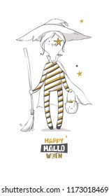 Cute halloween witch with broom. Happy halloween greeting card. Vector illustration