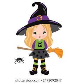 Cute Halloween witch with broom vector cartoon illustration