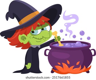 Cute Halloween Witch Cartoon Character Preparing A Potion In A Cauldron. Vector Illustration Flat Design Isolated On Transparent Background