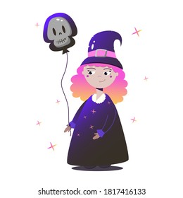Cute halloween witch in cartoon style on white background. Balloon skull in hand. Vector illustration. 