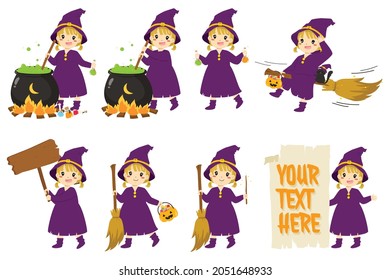 Cute Halloween witch character and elements vector set