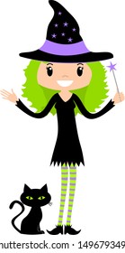 Cute Halloween witch character with green hair in pointed hat and green and purple striped stockings with a magic wand and black cat