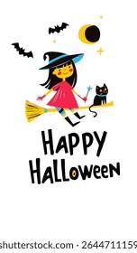 Cute Halloween Witch witch flying on a broom with Black Cat. . Happy Halloween Greeting Illustration. Funny Colorful Doodle Halloween Card for Kids. Flat vector Illustration
