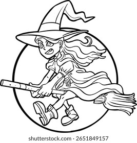 Cute Halloween Witch Flying on Broomstick with Spiderweb outline