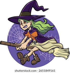 Cute Halloween Witch Flying on Broomstick with Spiderweb 
