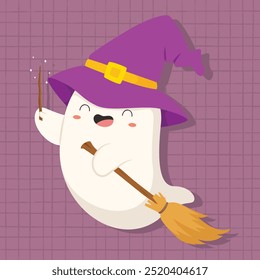 Cute Halloween witch ghost holding a wand and a broomstick character vector