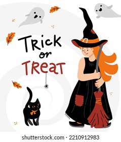 Cute Halloween witch girl with broom. Trick or treat copy. Witch girl with cat and ghosts. Vector illustration