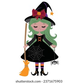 Cute Halloween witch girl with a broom and spider vector cartoon illustration