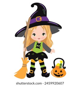 Cute Halloween witch girl with a broom and pumpkin vector cartoon illustration